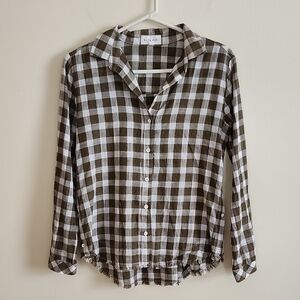 Bella Dahl Olive Green and White Gingham Plaid Shirt Blouse Womens Small Cottage